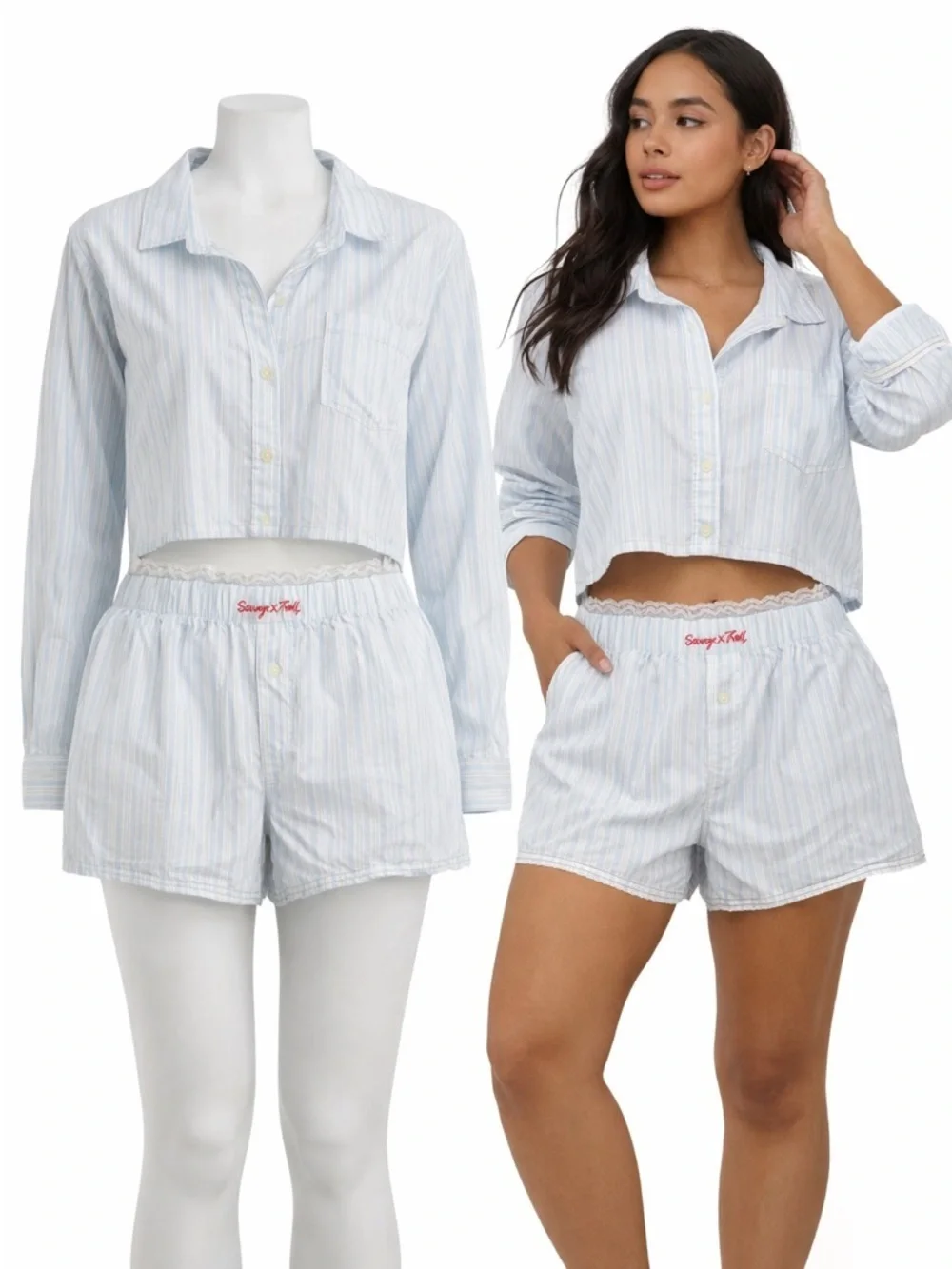 Savage X Fenty | Blue Stripe Pajama Set | Lace Trim Button Top & Shorts | Size M